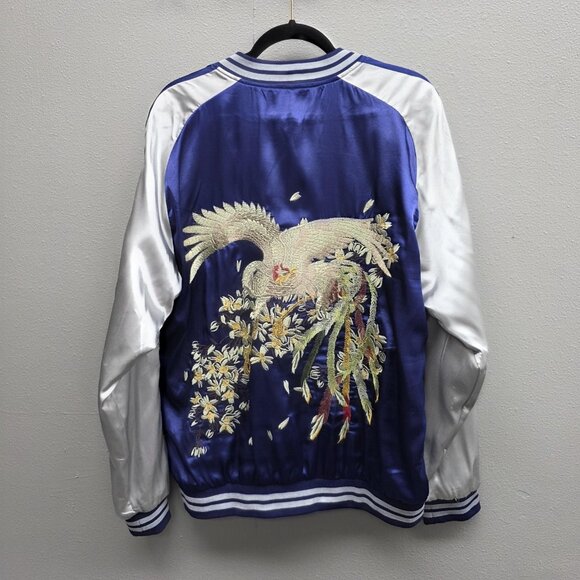 Standard Issue NYC Jacket Mens XL Blue Satin Bomber Embroidered Crane Sukajan - Picture 4 of 9